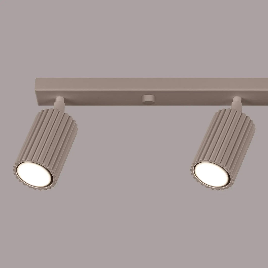 Plafonnier karbon taupe avec deux spots cylindriques cannelés minimaliste et ampoules gu10 interchangeables