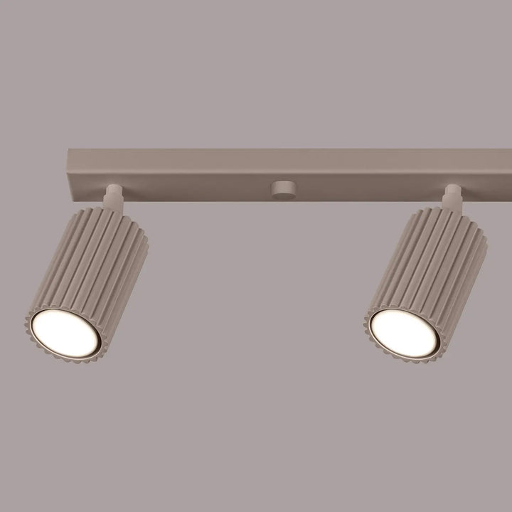 Plafonnier karbon taupe avec deux spots cylindriques cannelés minimaliste et ampoules gu10 interchangeables