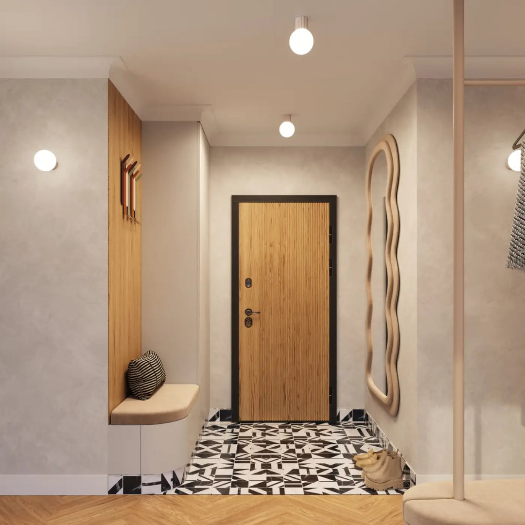 Luminaire plafonnier halo taupe avec porte en bois à grain vertical et cadre noir adapté pour bureau décorative