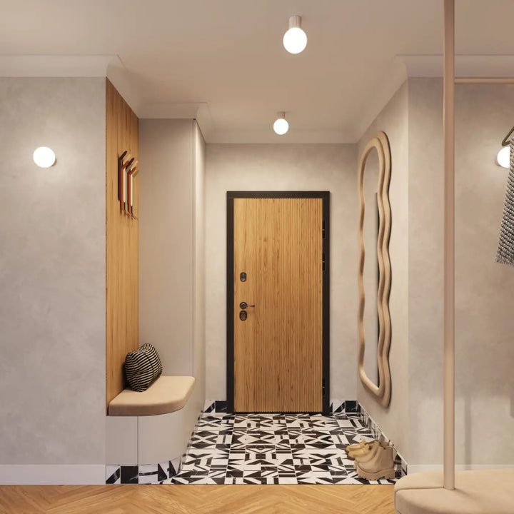 Luminaire plafonnier halo taupe avec porte en bois à grain vertical et cadre noir adapté pour bureau décorative