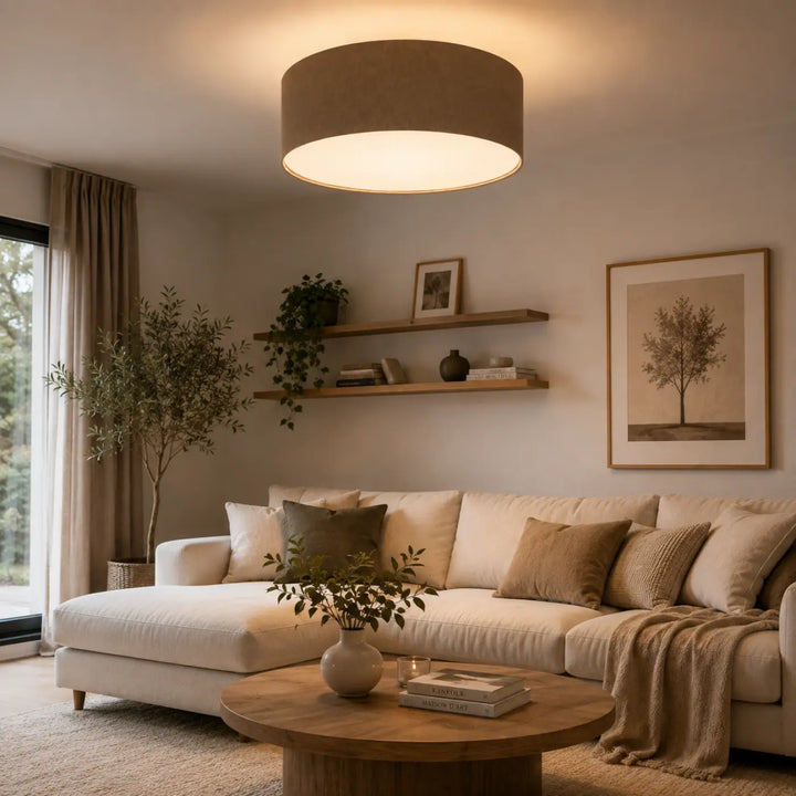 Luminaire plafonnier boho elegant marron gris avec une lumière cylindrique beige douce et chaleureuse