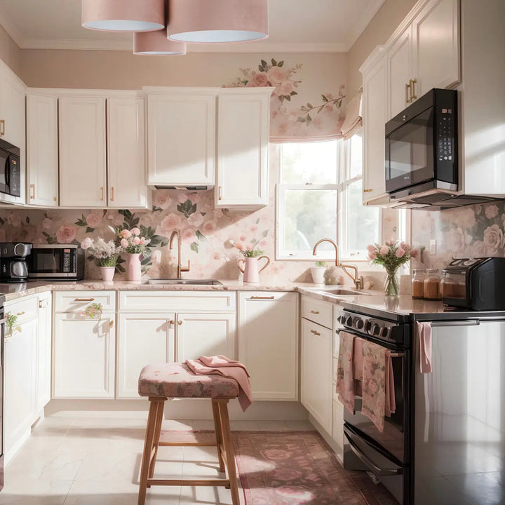 Luminaire plafonnier trio jasmin avec tissu rose et design asymétrique sur fond de papier peint floral rose délicat