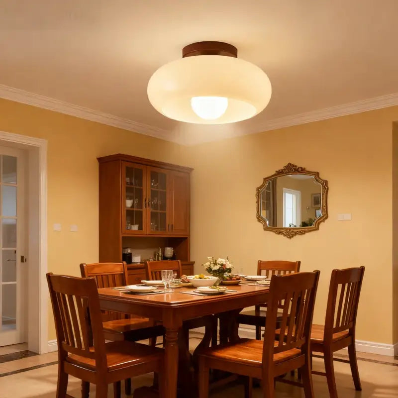 Luminaire plafonnier en verre blanc et bois naturel moderne