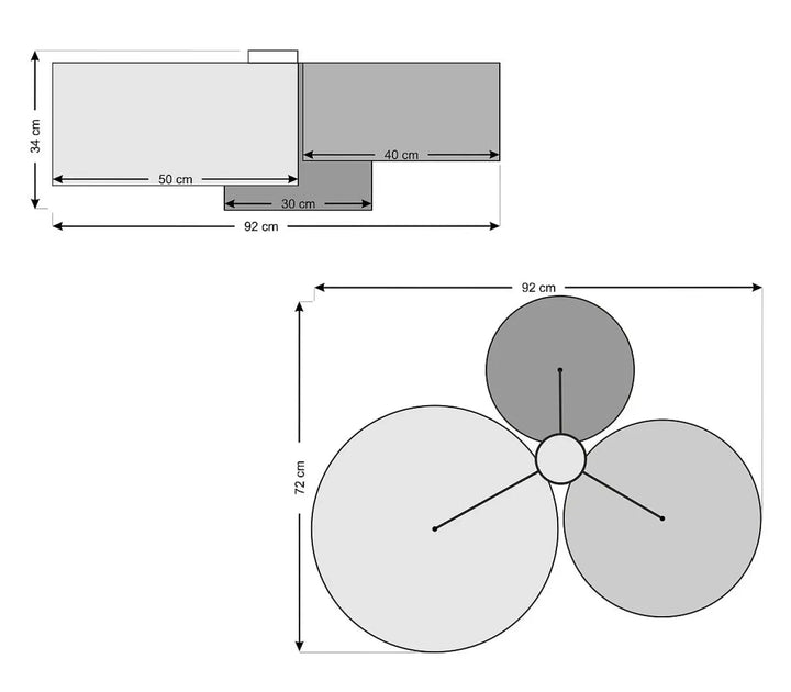 Diagrammes techniques de luminaire plafonnier trio boho elegant avec dimensions et motifs circulaires naturels en moutarde gris vert graphite ecru