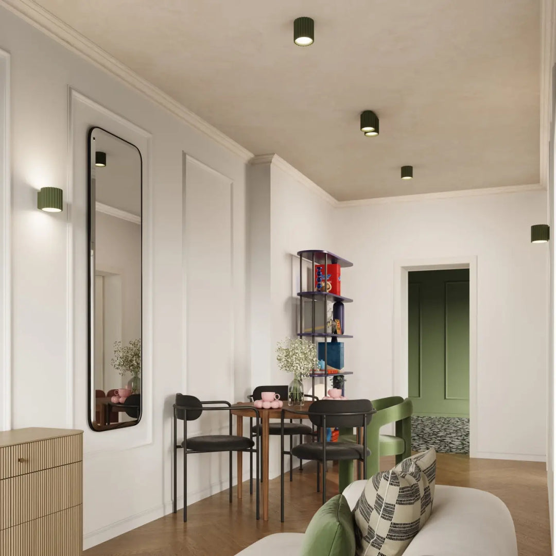 Miroir long rectangulaire avec cadre noir forme unique inspirée pour luminaire plafonnier aura 1 vert olive