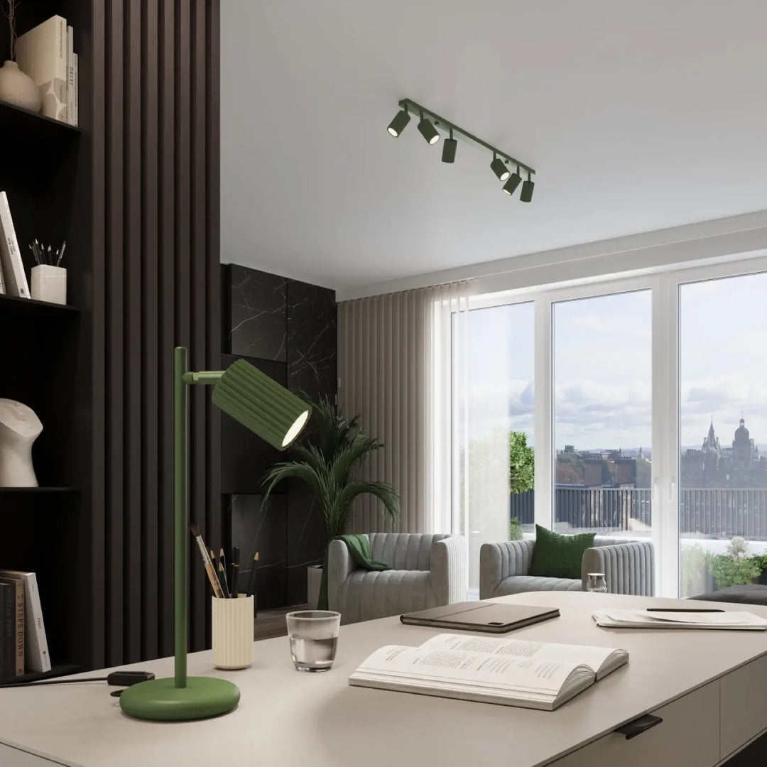 Plafonnier karbon allie vert olive avec lampe de bureau métal design minimaliste et ampoules gu10 interchangeables