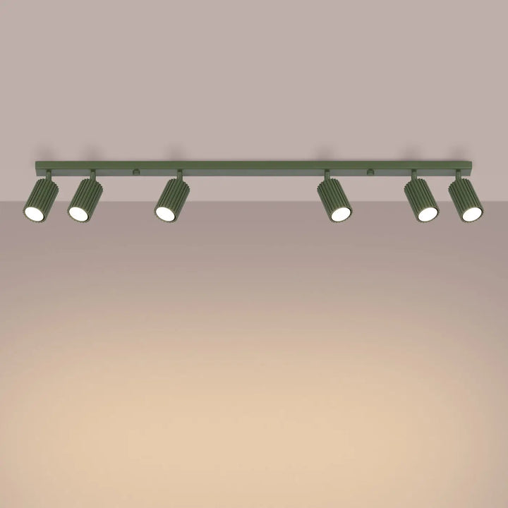 Plafonnier karbon allie design minimaliste vert olive avec six ampoules gu10 interchangeables cylindriques nervurées