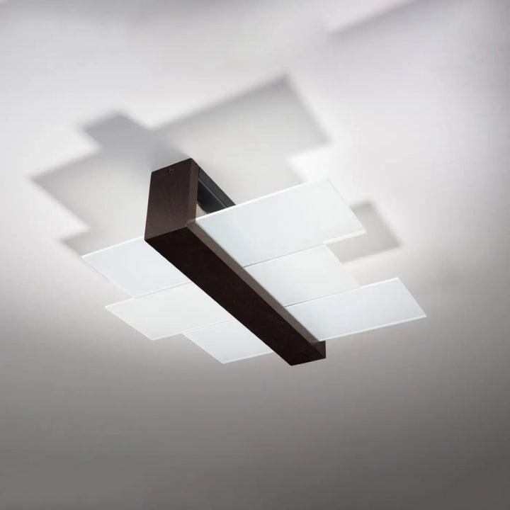 Luminaire plafonnier feniks 2 wenge avec cadre métallique brun foncé et panneaux de verre blanc givré design intemporel