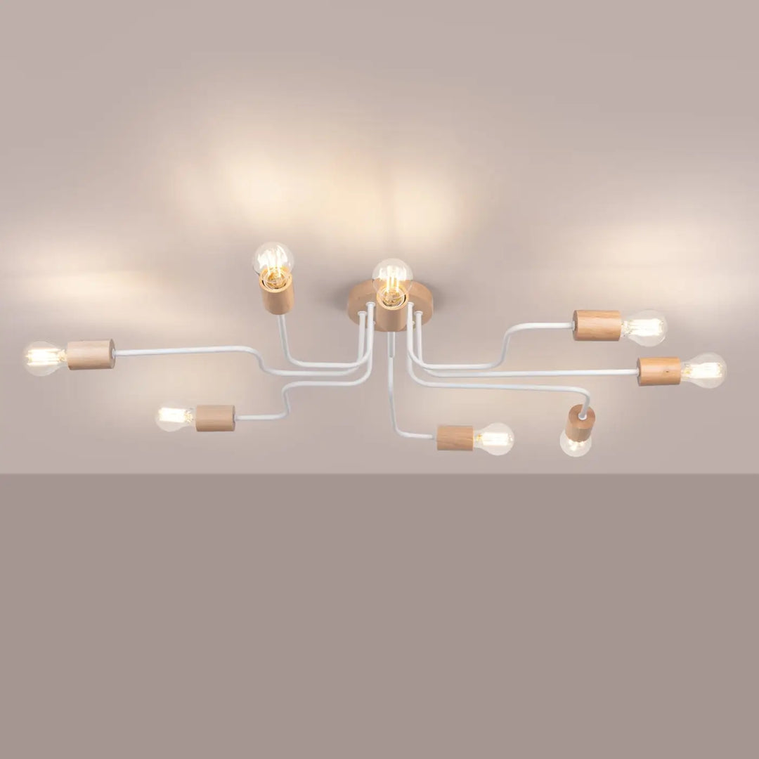 Lustre blanc/bois naturel allumé