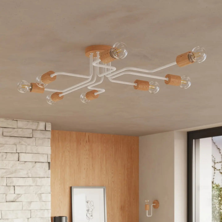 Lustre blanc/bois naturel vue rapprochée dans son décor