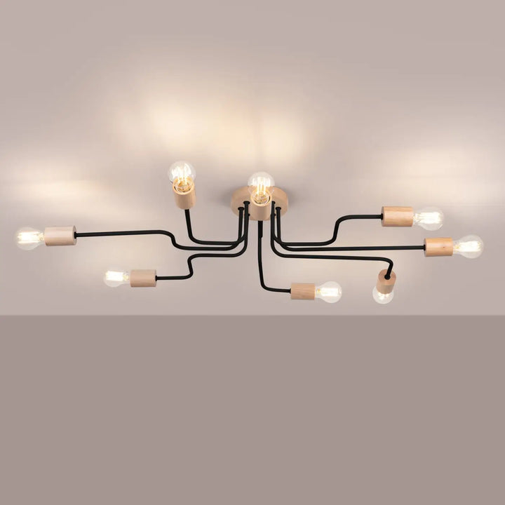 Lustre noir/bois naturel allumé