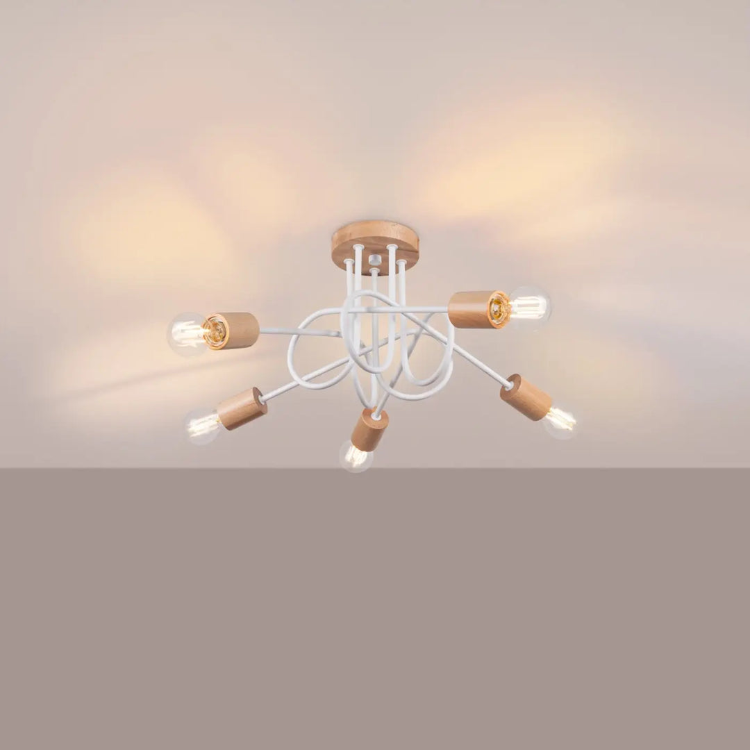 Lustre blanc/bois naturel allumé