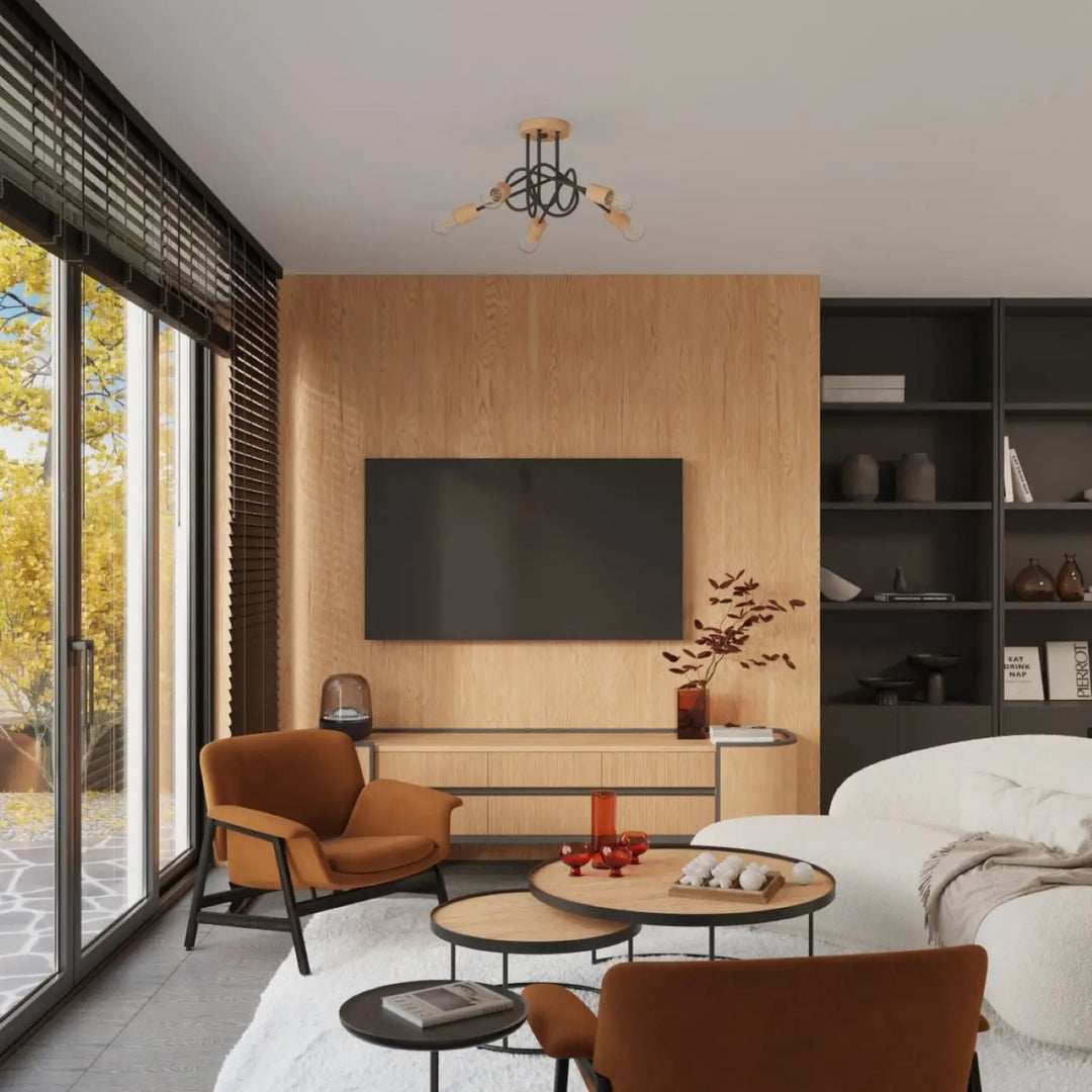 Lustre noir/bois naturel dans un intérieur contemporain