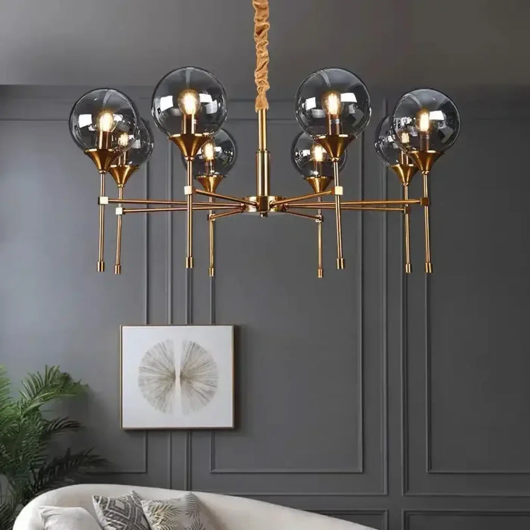 Suspension luminaire bublor doré avec six globes en verre et corde torsadée sans frais supplémentaires