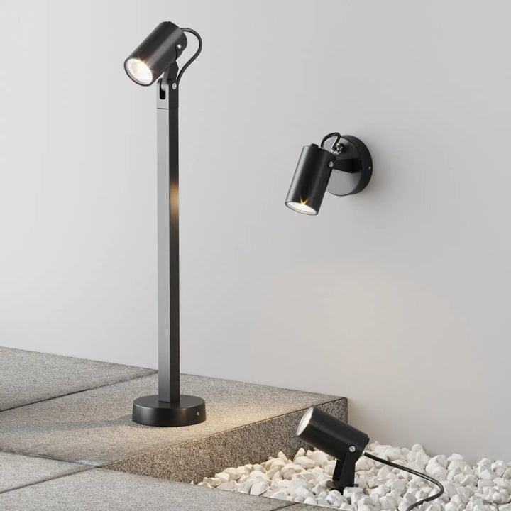 Luminaire extérieur piquet scope en acier noir avec spots réglables en montage sol, mur et piquet extérieur
