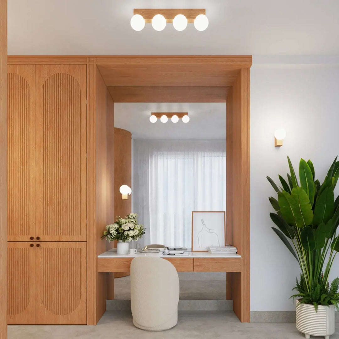 Plafonnier blanc/bois naturel dans un intérieur contemporain