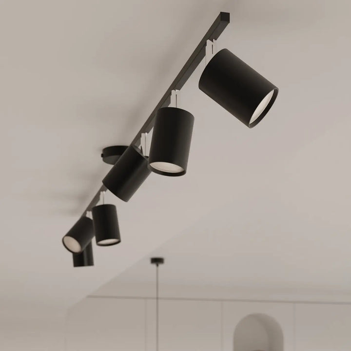 Luminaire plafonnier noir, spots sur la rampe vus de près