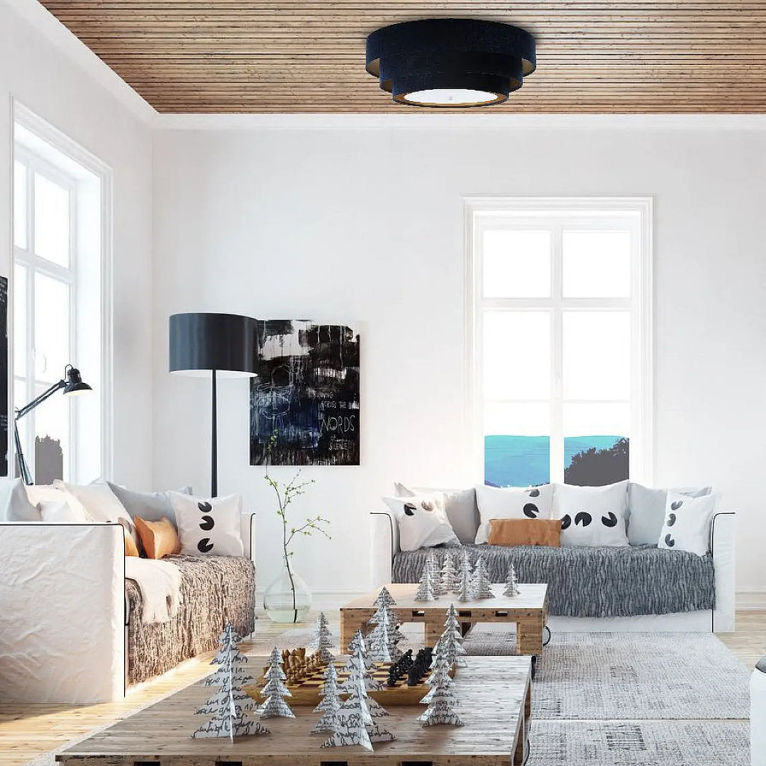 Plafonnier bleu marine circulaire en tissu velours texturé avec bordure dorée luminaire triniti veloursstoff