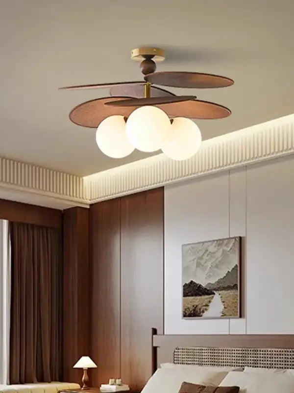 Plafonnier Bois Design Feuilles et Boules Verre Opale

