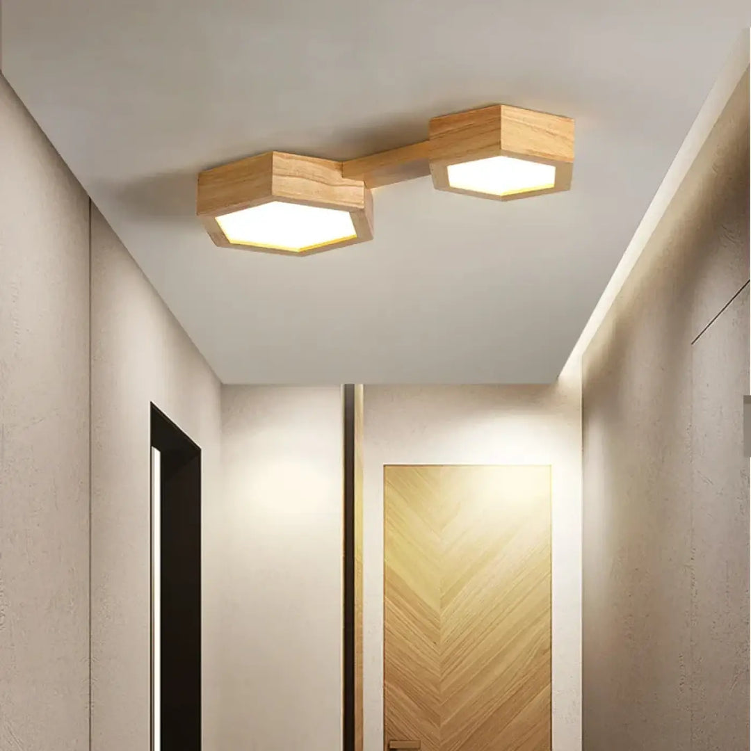 Plafonnier bois naturel led design géométrique élégant et moderne