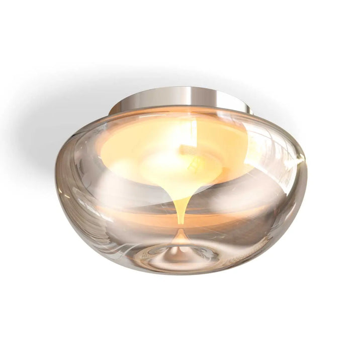Plafonnier bond en verre sablé ambre translucide avec base chromée poli style double disque