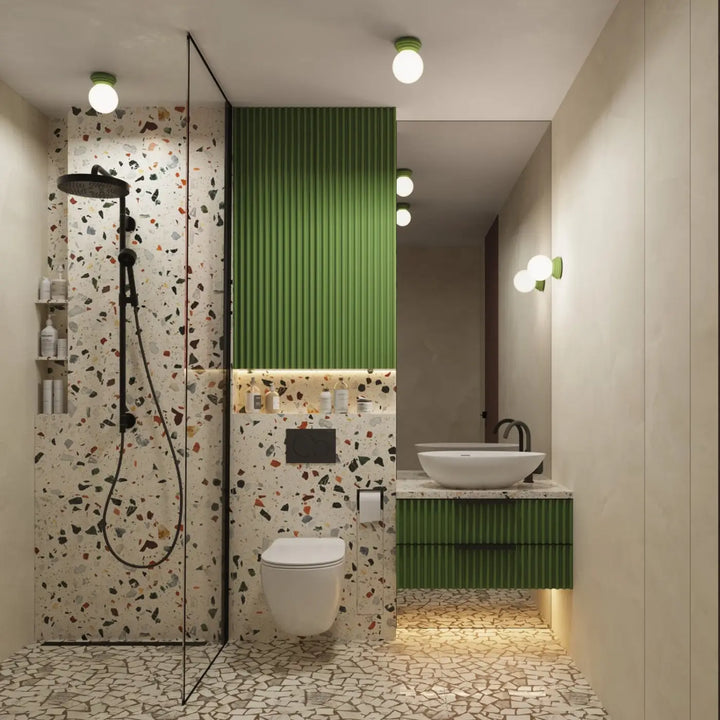Luminaire plafonnier vert olive dans une salle de bains