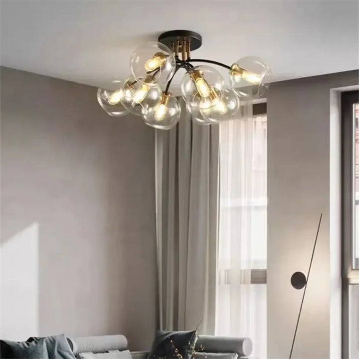 Plafonnier Contemporain Boules Verre Clair Et Détails Dorés