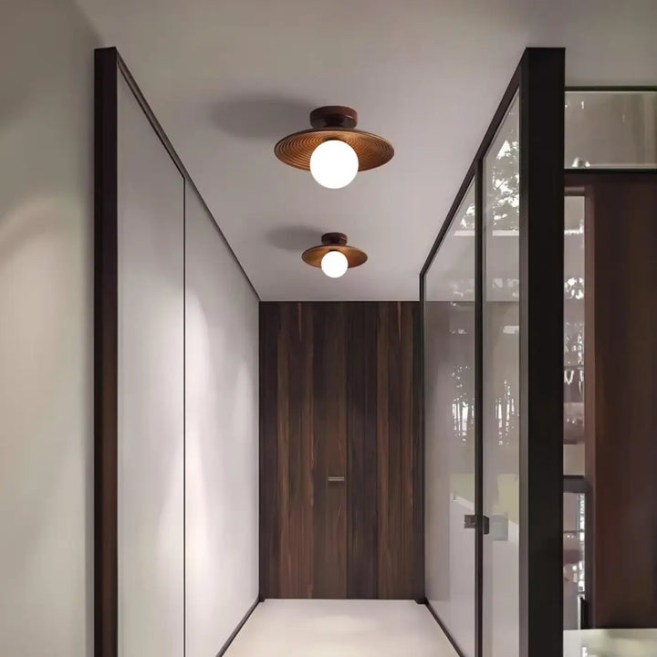 Plafonnier design bois noix et fer led décor bois marron