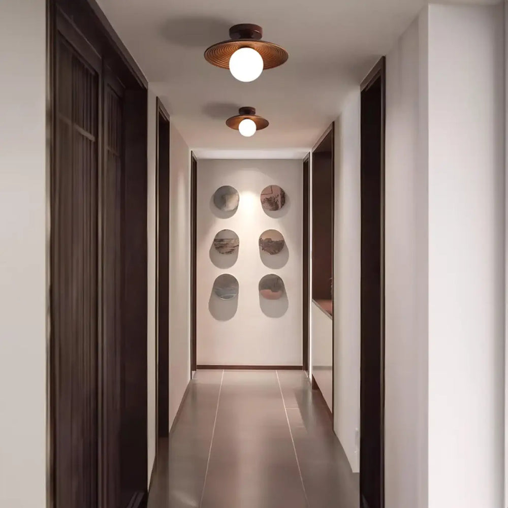 Plafonnier design bois noix et fer led décor bois marron