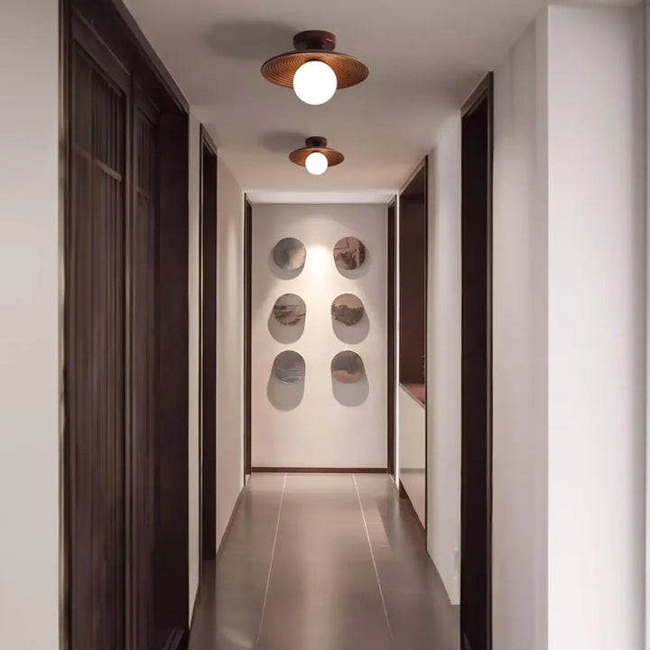 Plafonnier design bois noix et fer led décor bois marron
