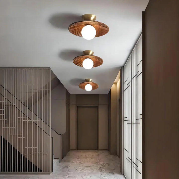 Plafonnier design bois noix et fer led décor bois marron
