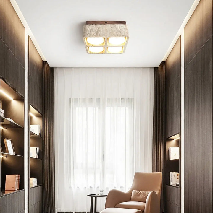 Plafonnier design carré en pierre et bois brut marron chic