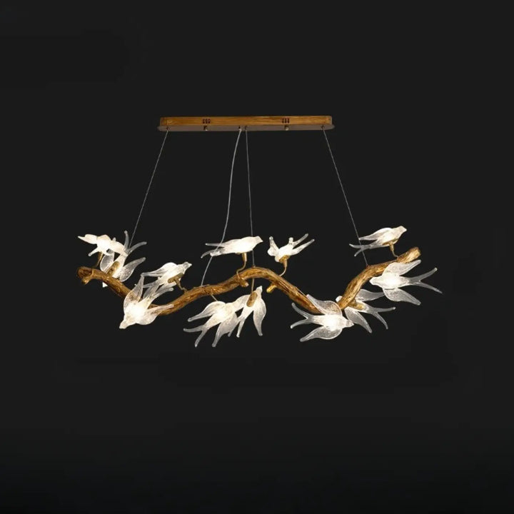 Luminaire plafonnier winglow en bois rustique orné d oiseaux en verre blanc translucide pour un éclairage décoratif