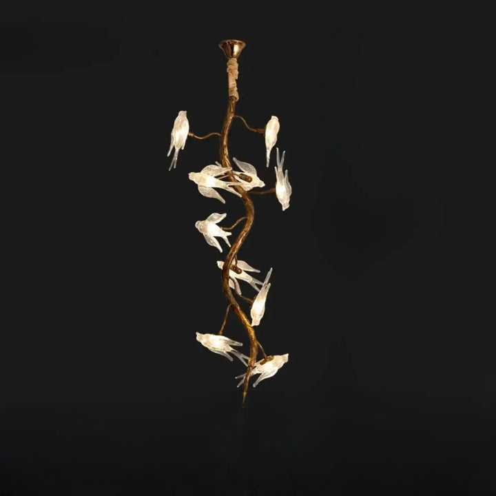 Luminaire plafonnier winglow en bronze torsadé avec oiseaux en verre blanc translucide délicats suspendus