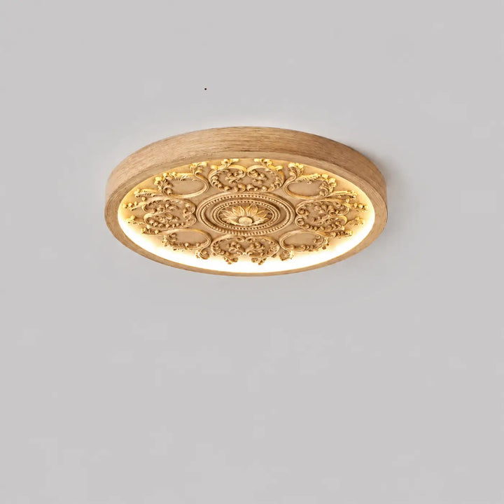 Luminaire plafonnier rostel avec design rond naturel en bois et ornementation dorée pour plafonnier design rond