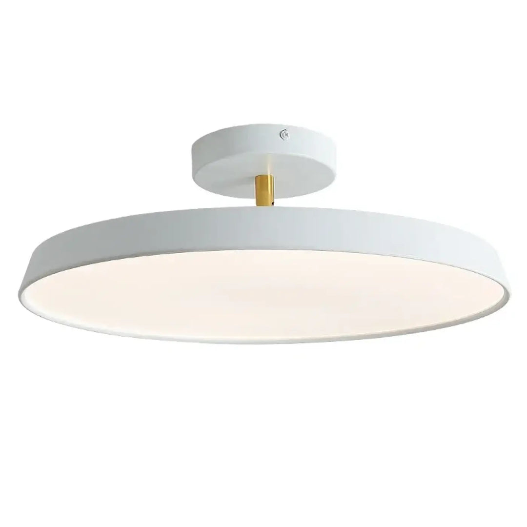 Luminaire plafonnier fisaka design scandinave rond blanc avec tige centrale dorée moderne