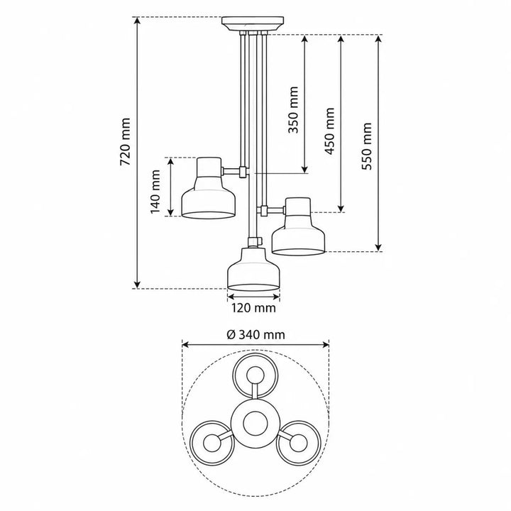 Plafonnier dorothy blanc industriel avec trois têtes cylindriques réglables suspendues à une tige centrale