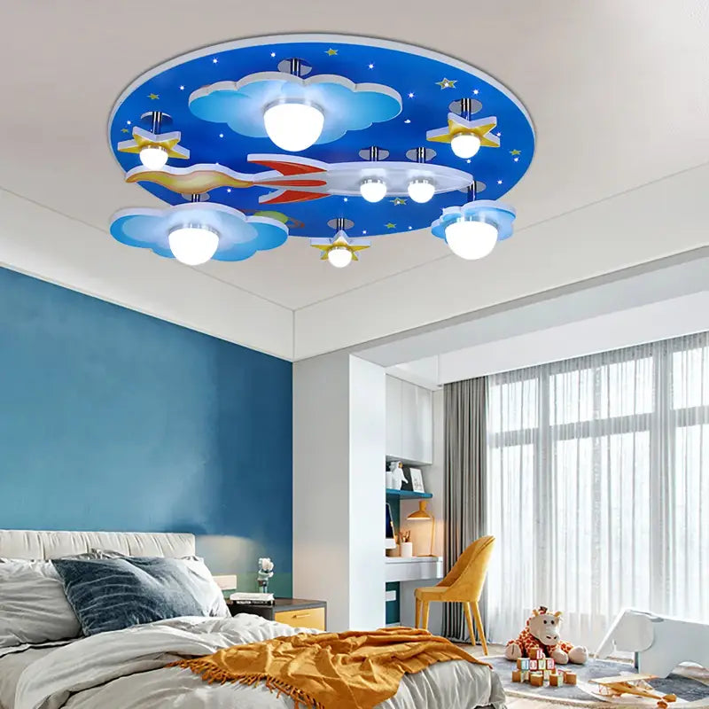 Plafonnier Enfant Fusée Ciel Étoilé Bleu Design Ludique

