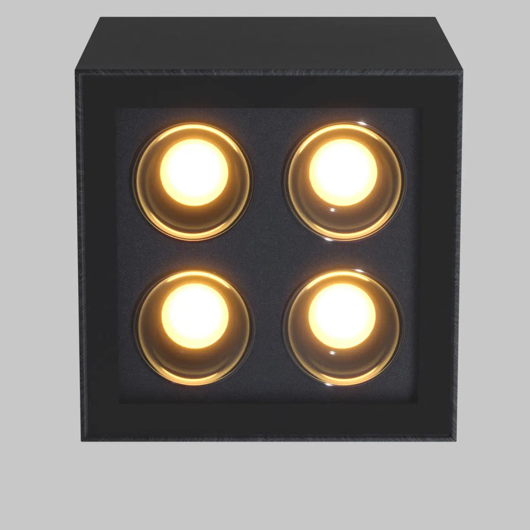 Plafonnier extérieur ARES en métal graphite avec quatre ampoules rondes chaudes encastrées long d’une galerie