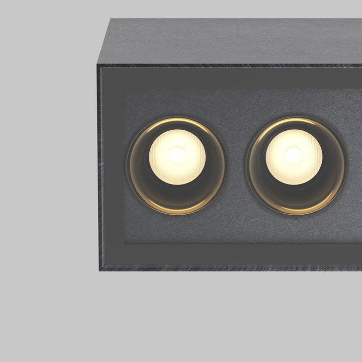 Plafonnier extérieur ares en métal graphite avec deux ampoules led dorées émettant une lumière chaude