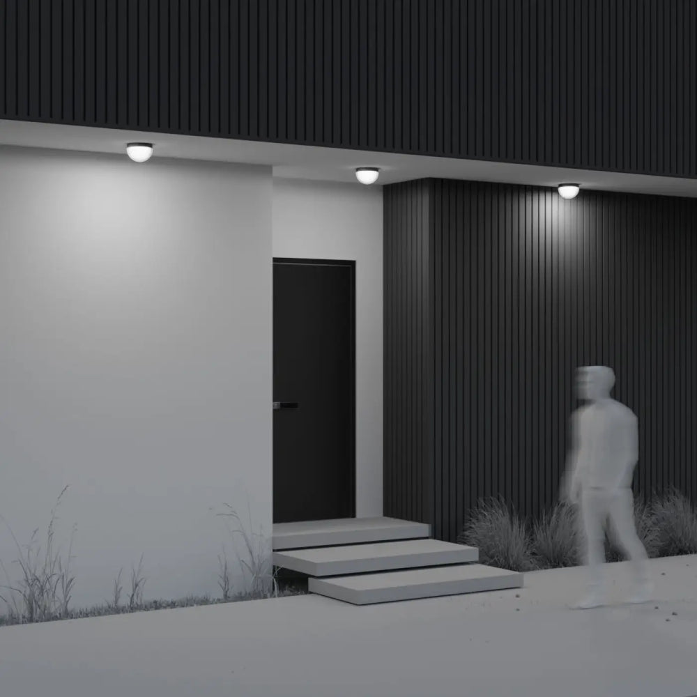 Luminaire extérieur plafonnier extérieur en acier noir avec indice ip65 et verre dépoli pour hall dentrée minimaliste