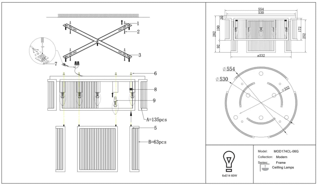 Luminaire plafonnier frame art déco avec cadre rectangulaire en métal doré et lames verticales design moderne