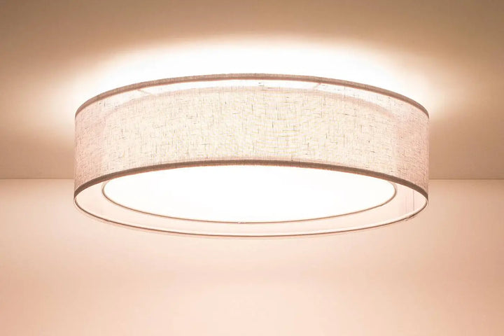 Luminaire plafonnier gris design avec abat-jour en lin beige et bordure métallique fine puro gris design