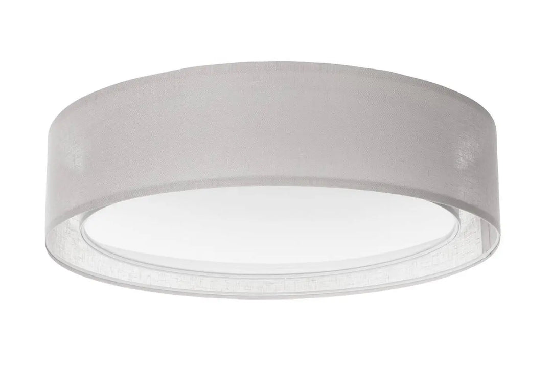 Plafonnier gris design circulaire moderne avec abat-jour en tissu gris translucide et bord en acrylique transparent