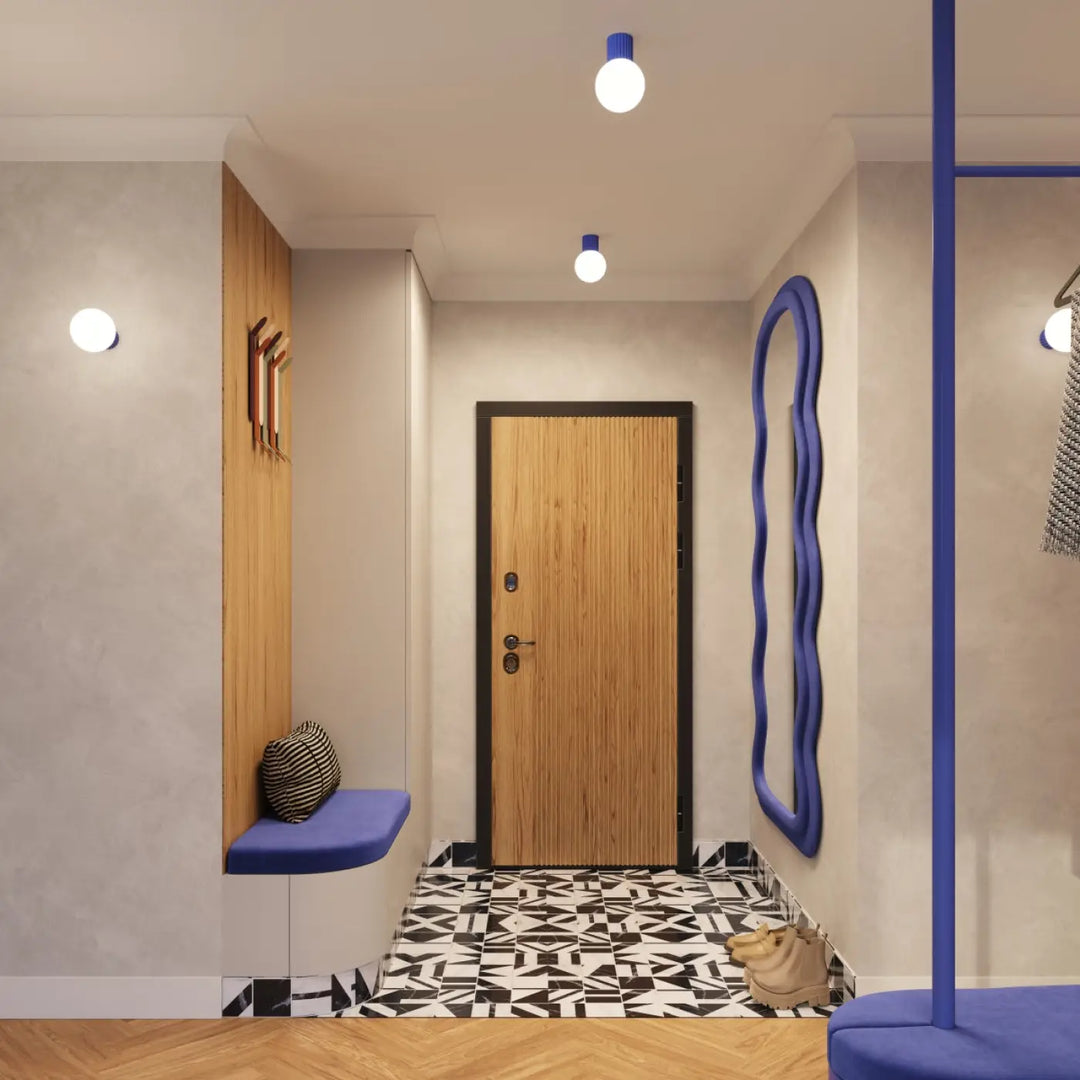 Miroir à cadre ondulé bleu ultramarine décoratif pour bureau avec lampe halo et sphère laiteuse intégrée luminaire plafonnier halo