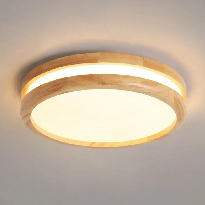 Plafonnier luminaire rond en bois clair et led