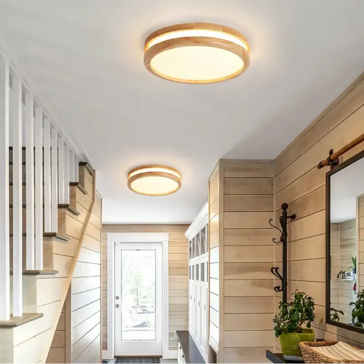 Plafonnier luminaire rond en bois clair et led