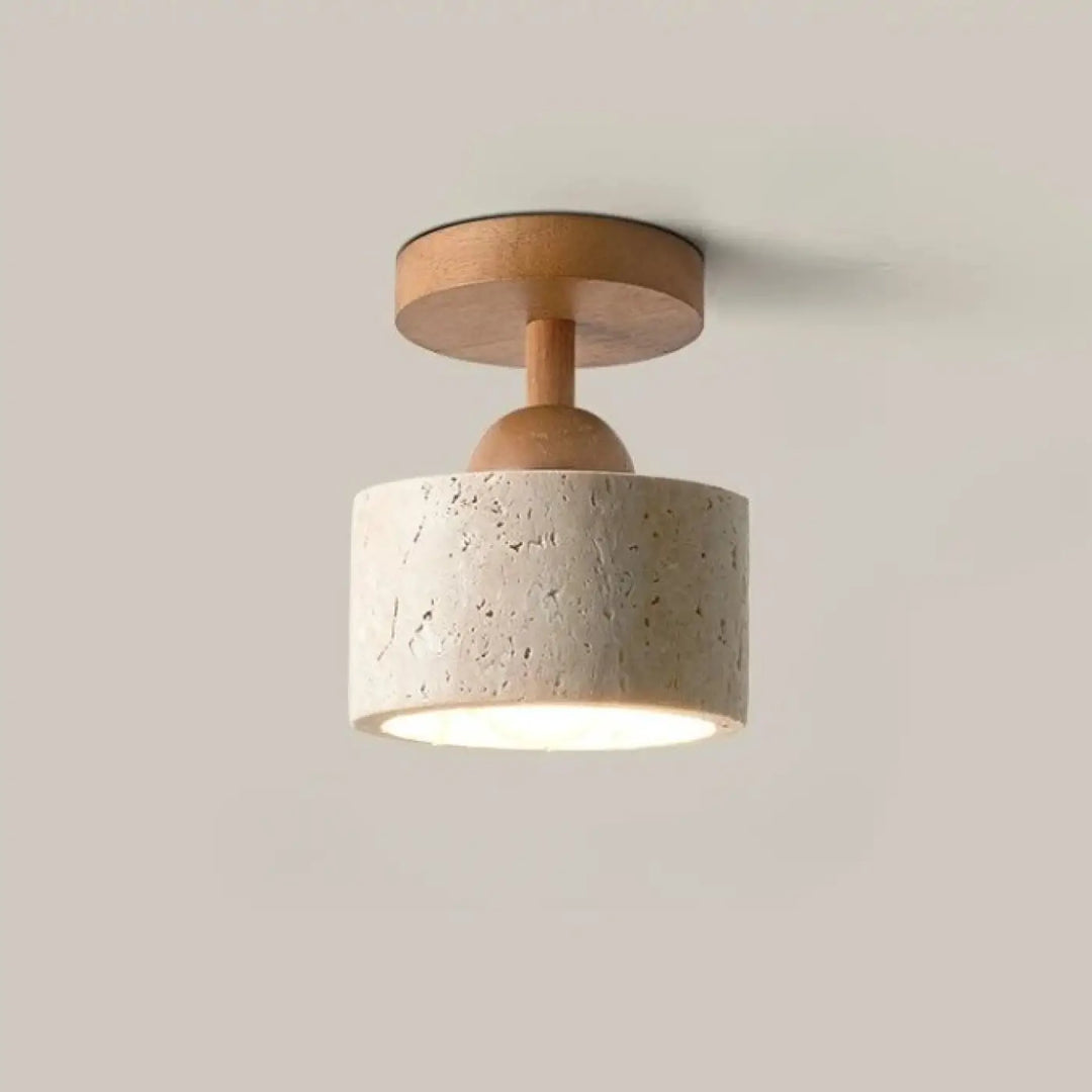 Luminaire plafonnier terris avec base en bois chaud et abat-jour en béton texturé ivoire minimaliste