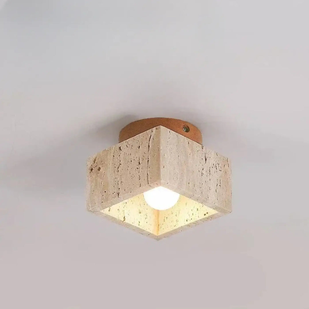 Luminaire plafonnier terris avec lumière en pierre hexagonale beige texturée et anneau de montage en cuir naturel