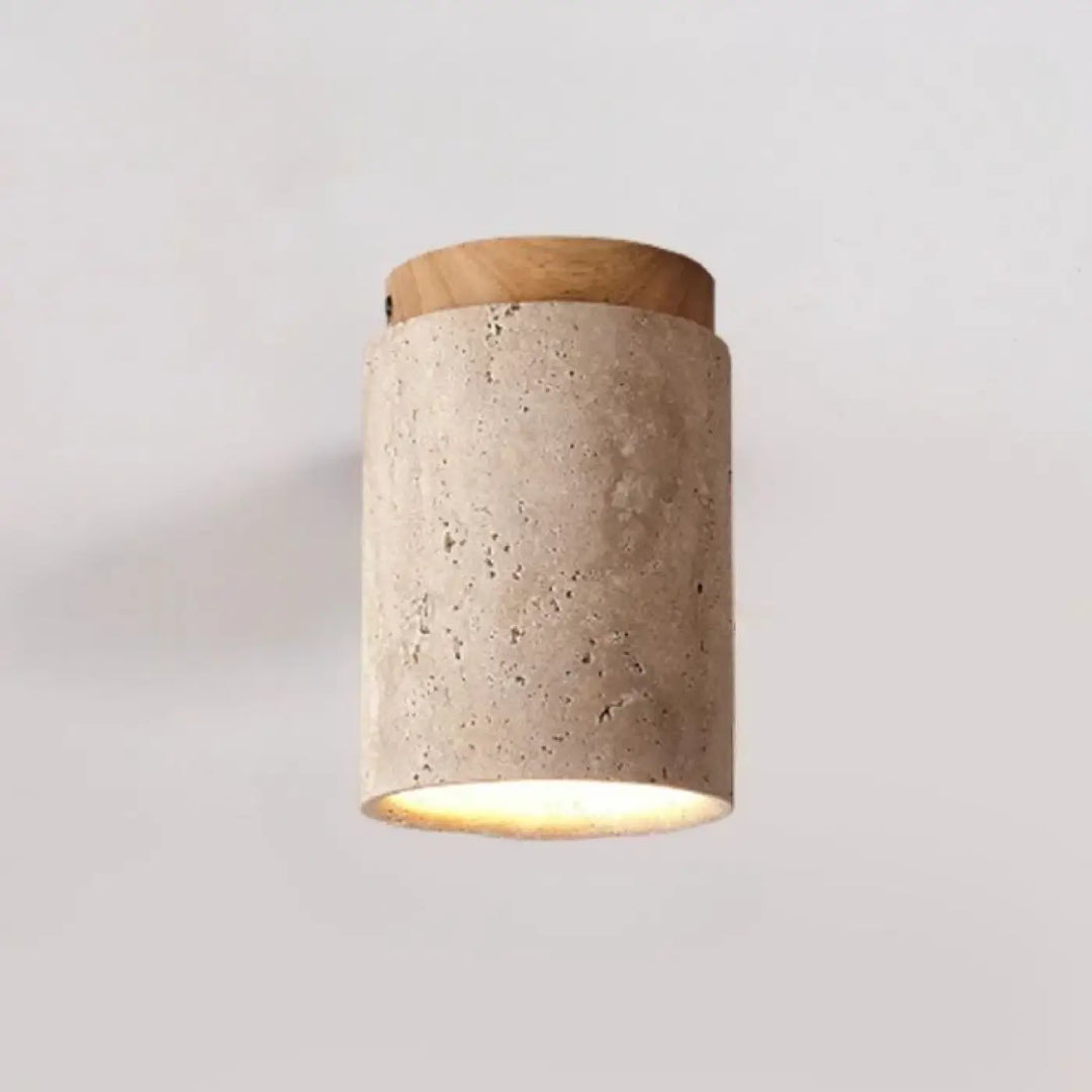 Luminaire plafonnier terris en béton cylindrique avec sommet en bois naturel et éclairage chaud diffus